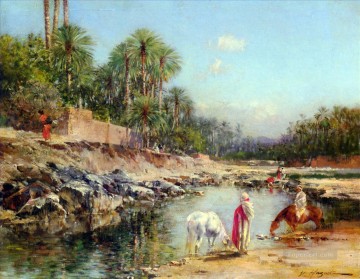 Figures Standing By A Caravan Victor Huguet Orientalist Oil Paintings